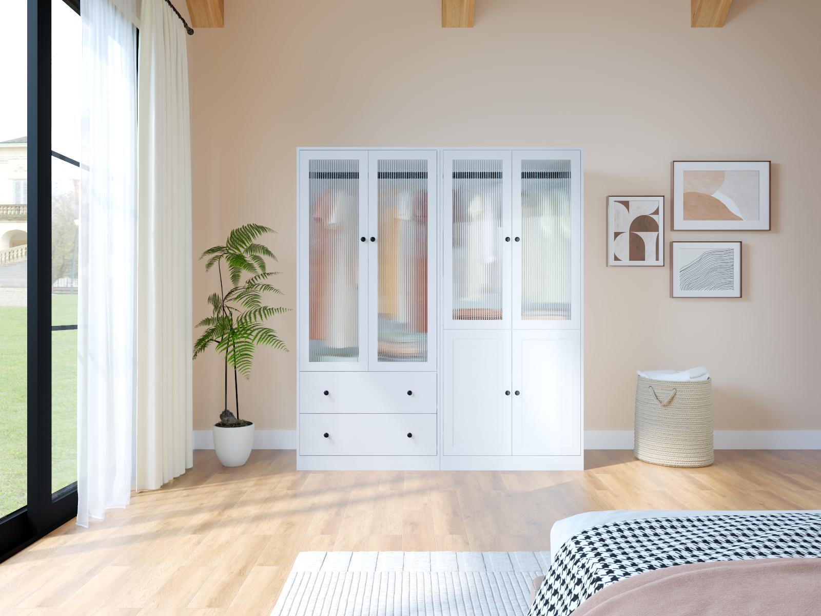 【2 Packages Delivery】VOWNER Wardrobe Closet with Fluted Glass Door, 2 Drawer & Shelf, Wooden White Armoire Storage Cabinet for Bedroom 【2 Packages Delivery】VOWNER Wardrobe Closet with Fluted Glass Door, 2 Drawer & Shelf, Wooden White Armoire Storage Cabinet for Bedroom