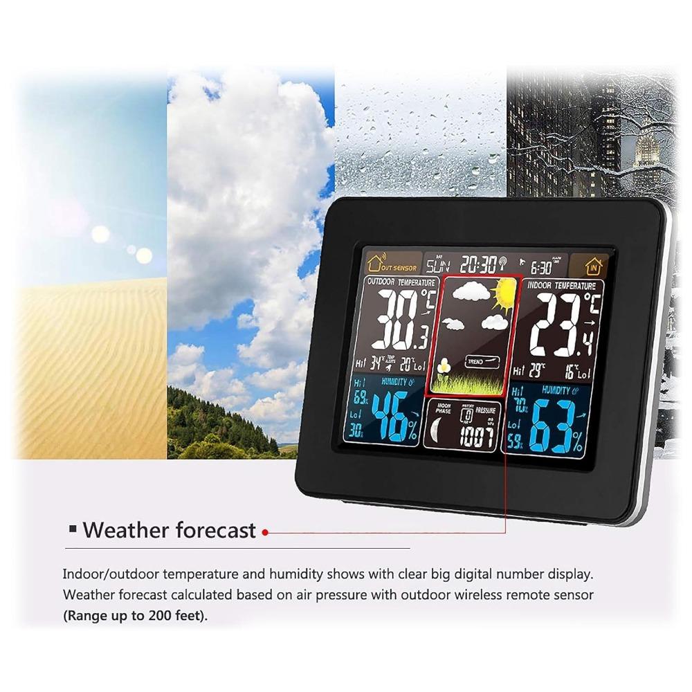 Multi-Function Wireless Weather Station with Color Display, Indoor Outdoor Lcd Thermometer Hygrometer, Alarm Clock, Weather Forecast, Barometer, Moon Phase and Environmental Monitor for Home.