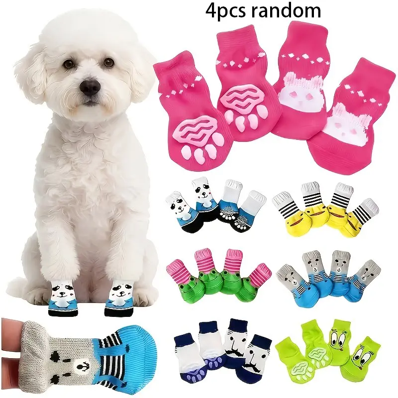 4 Non-Slip Dog Socks- Durable Polyester Paw Protection, Prevents Paw Licking, Random Style, Suitable for Indoor/Outdoor Dogs And Cats, Comfortable Pet Shoes, Non-Slip Cat And Dog Shoes, All-Season Indoor Use, Dog Paw Protectors