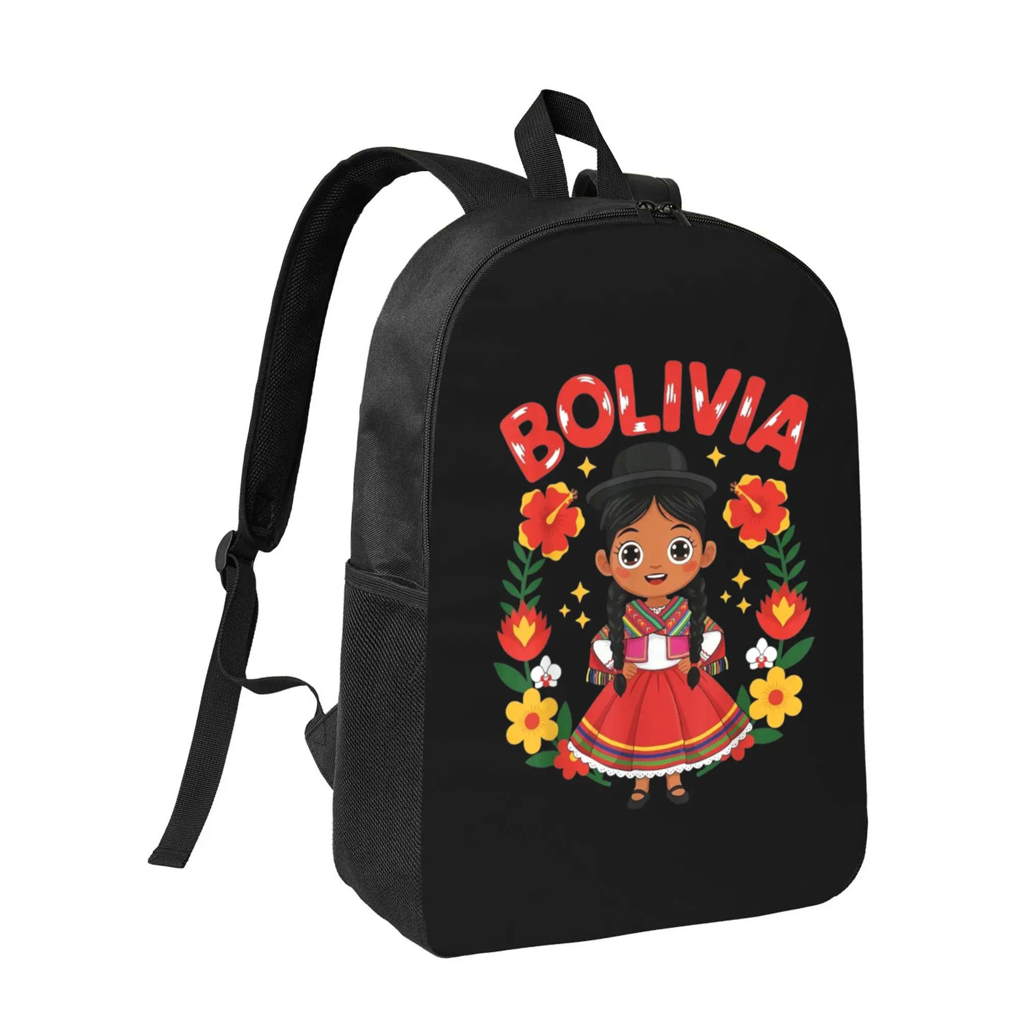 Unisex Bolivia Traditional Folk Floral Print 600D Oxford Backpack - Ethnic Pattern, Lightweight, Adjustable, Comfy, Breathable, Durable Bookbag for Outdoor Travel, School - Gift for Cultural Heritage Lovers
