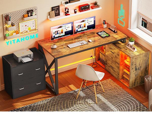 DWVO L Shaped Desk with Power Outlets & File Cabinet, 55" Reversible Corner Computer Desk with Drawers & LED Lights, L-Shaped Desk with 4 Glass Open Storage Shelves