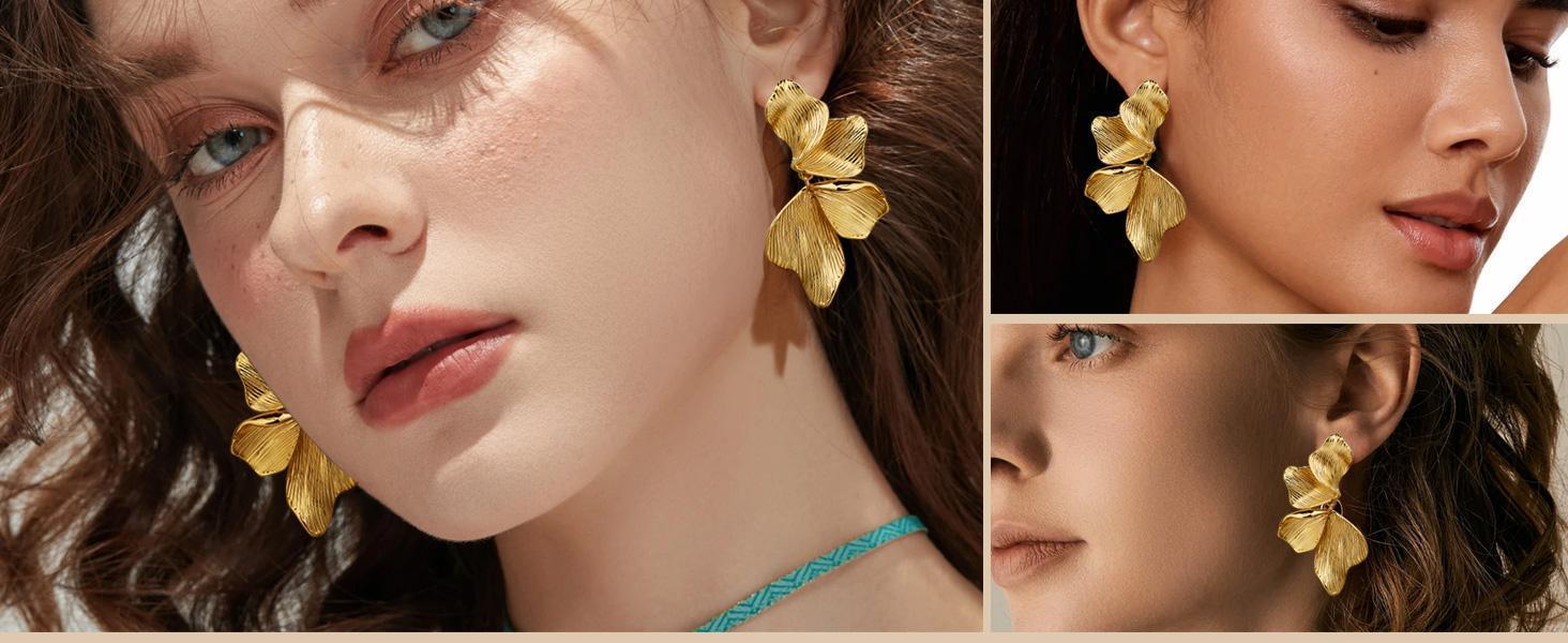 Statement Earrings For Women 18K Gold Plated Sectored Flower Leaf Shell Angel Wing Earring Large Stud Earrings Hypoallergenic Stud