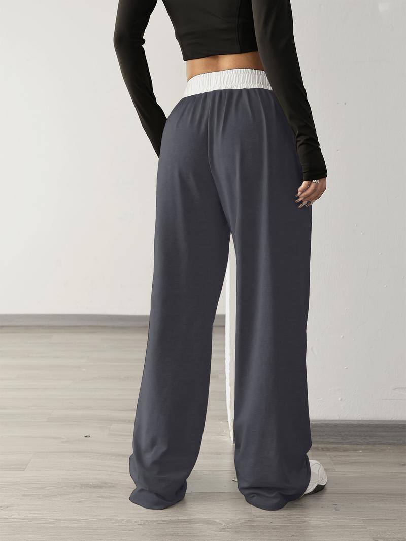 Women's High Elasticity Running Pants with Color Block Waistband Design, Outdoor Casual Hiking Gym Jogging Sportswear with Pockets, Cute Gym Clothes