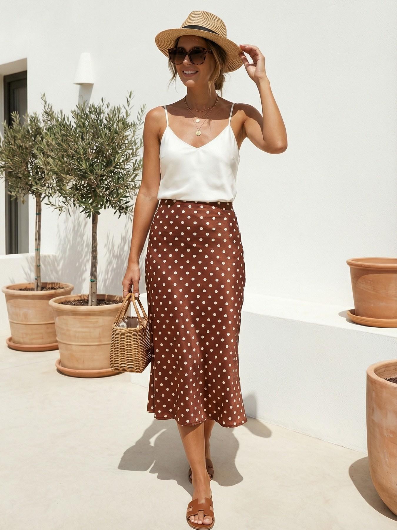 Women's 2026 Summer Satin Floral Polka Dot Maxi Wide Leg High Waist Light Midi Skirt, Suitable for Everyday Travel and Summer Outings, Womenswear