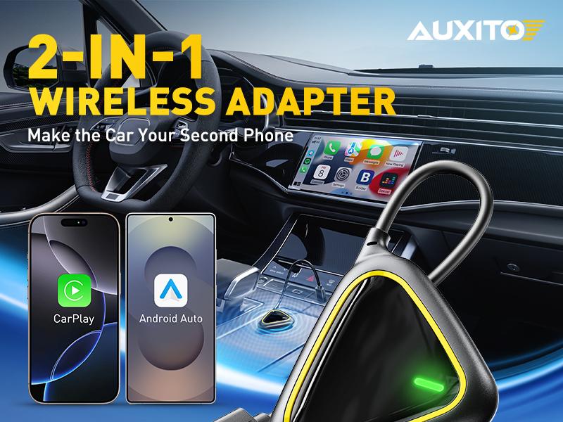 AUXITO 2 in 1 Wireless CarPlay & Android Auto Adapter, Converts OEM Wired CarPlay to Wireless, Plug & Play Seamless Connection for iPhone iOS 12+ & Android 11+, 2025 Upgraded