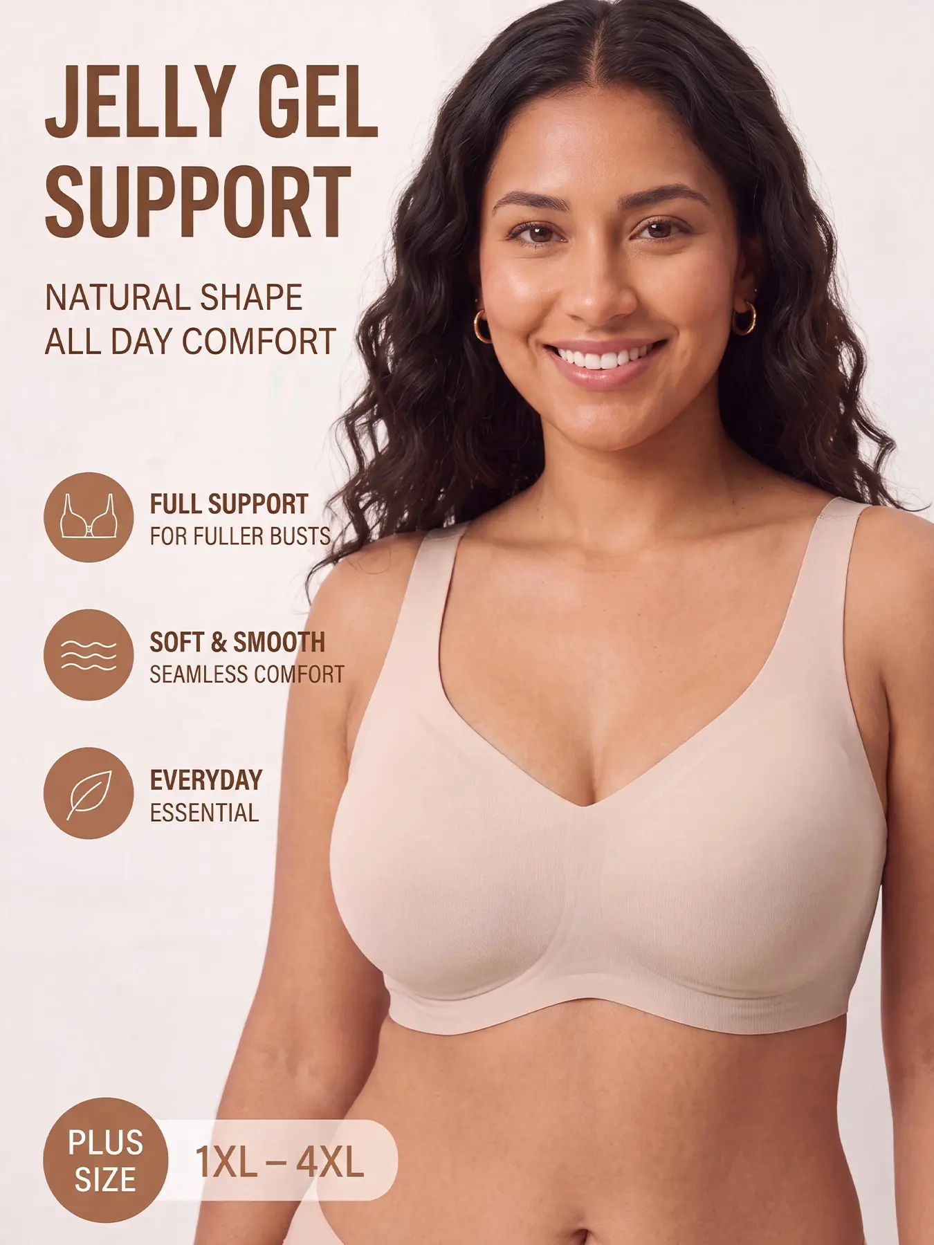 Plus Size Jelly Gel Full Support Seamless Comfort Shaping Bra, No Underwire Breast Reduction U-Back Lifting Bra, Ideal for Daily Wear
