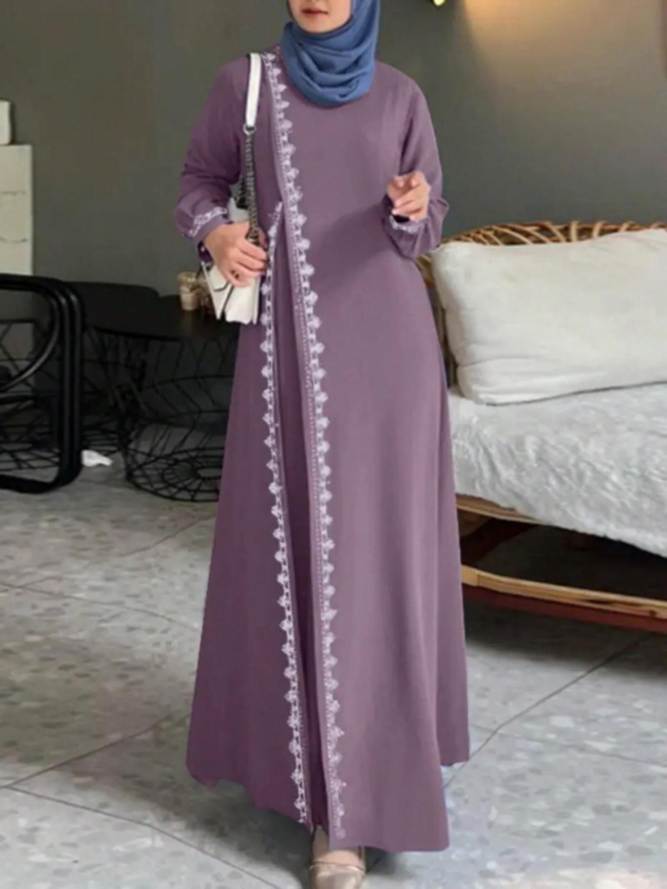 Women's Fashion Long Sleeve Round Neck Solid Color Casual Dress, Long Sleeve Dresses, Elegant Lace Trim Robe Style, Perfect for Daily Wear & Special Occasions, Muslim Outfits