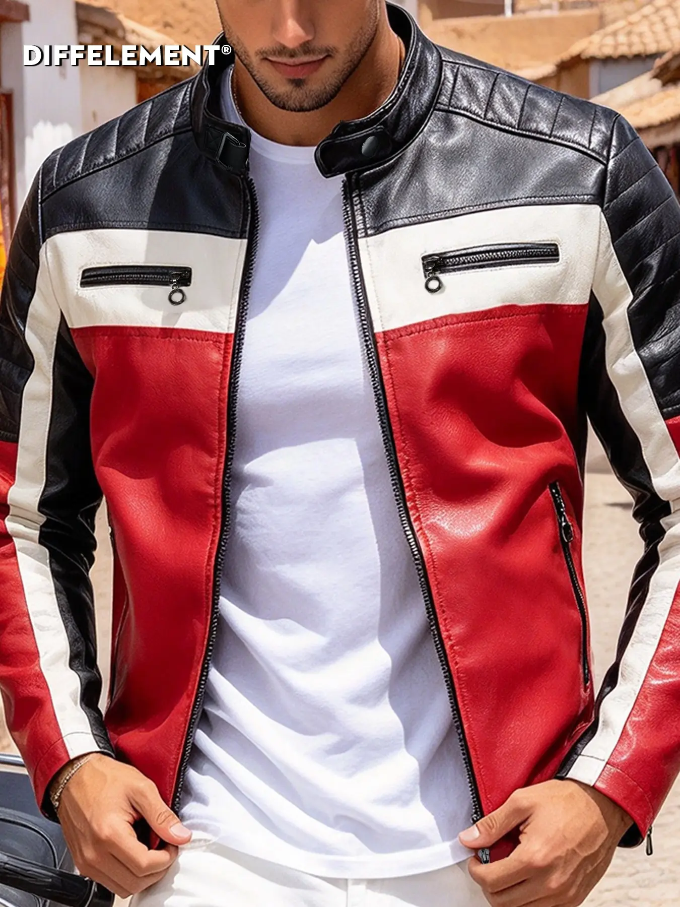 Men's Patchwork Motorcycle Leather Jacket, Stand Collar, Durable Soft Leather, Comfortable Fit, Stylish Design, Perfect for Outdoor Activities