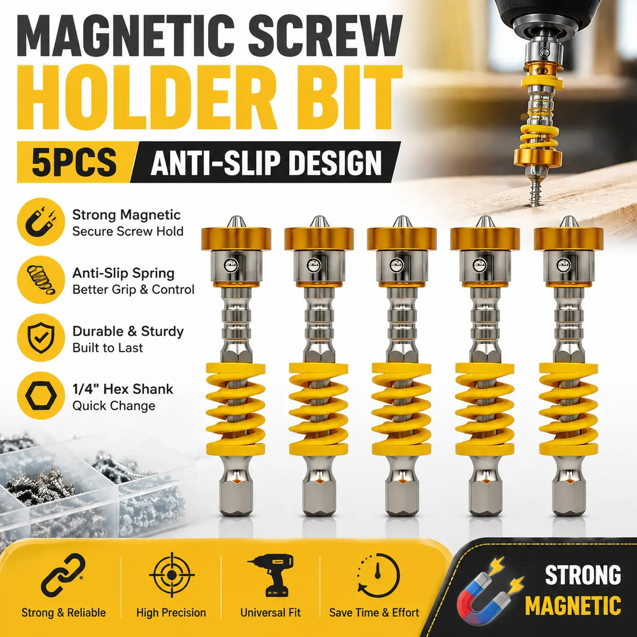 5 Pack Magnetic Screwdriver Bit Set, Quick Change Hex Shank Drill Attachment, Universal Power Tool Accessory for Home Repair & DIY Projects
