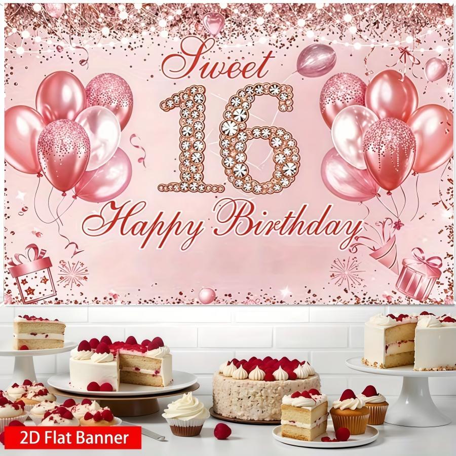 Diamond Sweet 16th Birthday Backdrop Banner, Balloon Sign, Polyester Material, Party Decor, Indoor Outdoor, Gift Idea