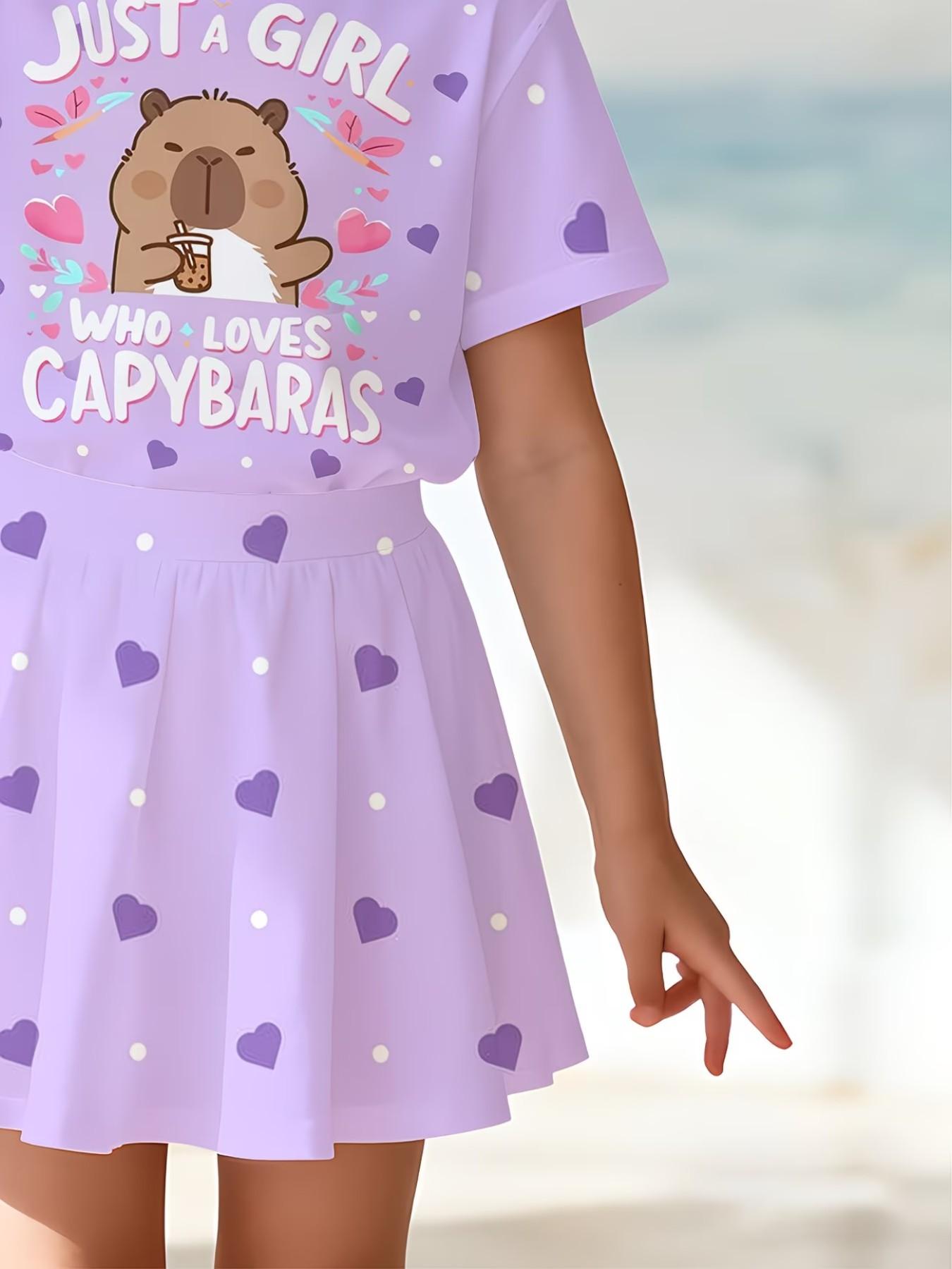 Girls' 3D Printed Capybara Heart Pattern Top and Skirt Set, Summer Casual Slim-Fitting Round Neck Short Sleeve