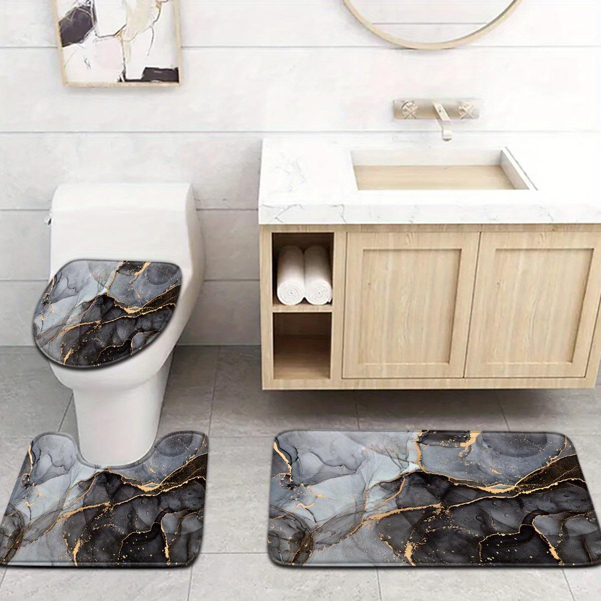 3-Piece Modern Art Black Gray Gold Marble Bath Mat Set, Flannel Non-Slip Absorbent Rug, Toilet Lid Cover & U-Shape Pad