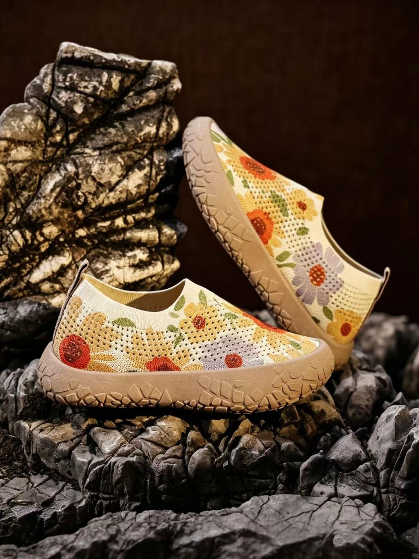 Women's Colorful Graffiti Slip-On Sneakers, Breathable Knit Mesh Comfortable Walking Shoes, Lightweight Non-Slip Soft Sole Casual Loafers for Outdoor, Work, Travel and All-Day Wear