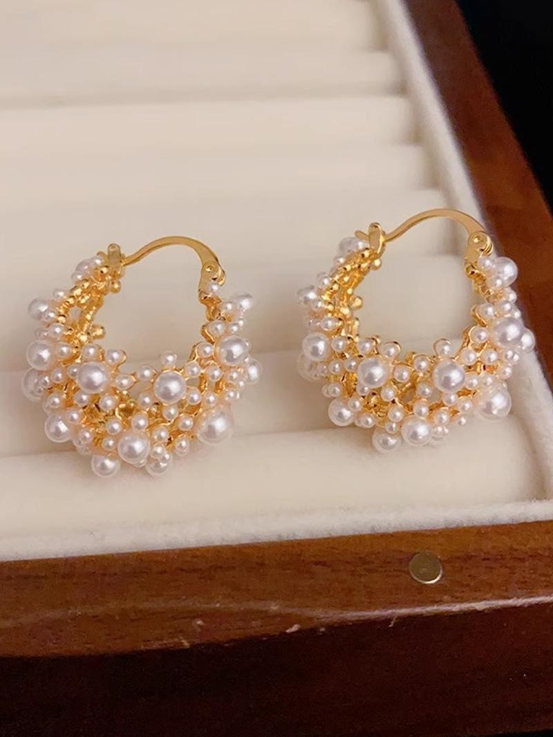 French Vintage Hollow Out Faux Pearl Basket Design Earrings, Fashionable Elegant Women's Daily Party Versatile Delicate Earings, Fashionable Hoop Earrings