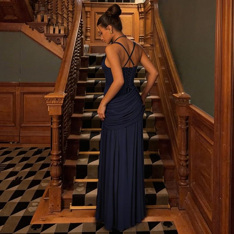 Women's Solid Color TIe-back Sleeveless Bodycon Slip Dress, Plain Criss Cross Straps Back Lace-up Ruched Slim Fit Maxi Dress, Party Club Date Evening Formal Gown Holiday Daily Casual Elegant Long Dresses For Ladies All Seasons Summer Fashion Clothes Wear