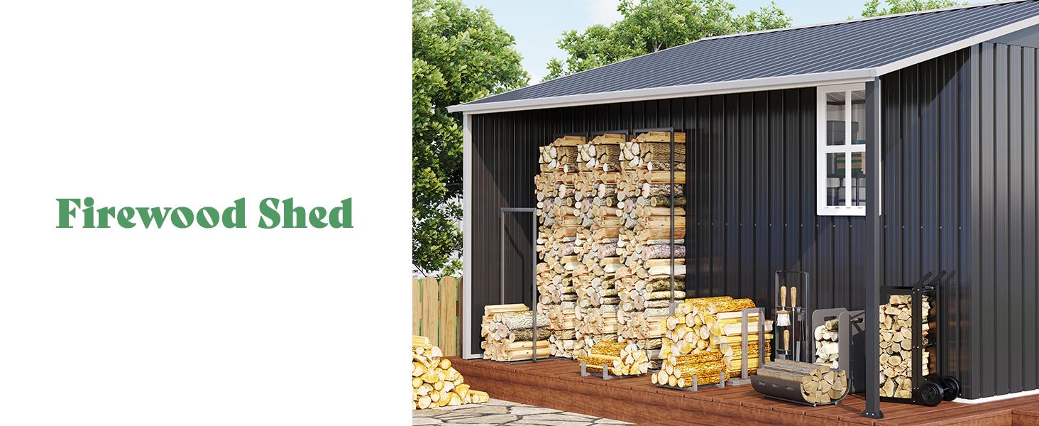 [Ships in Multiple Boxes]  VanAcc Outdoor Storage Shed with Two 4-Pane Windows Sliding Doors, Open Outdoor Shed for Wood Storage, Dark Grey/White