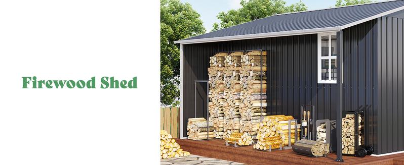 [Ships in Multiple Boxes]  VanAcc Outdoor Storage Shed with Two 4-Pane Windows Sliding Doors, Open Outdoor Shed for Wood Storage, Dark Grey/White