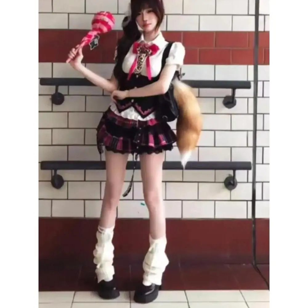 2026 Japanese Sweet Elegant 2 Piece Set Women Harajuku Puff Sleeve Plaid Mini Skirt Suit Feamel Bow Lace Preppy Design Outfits