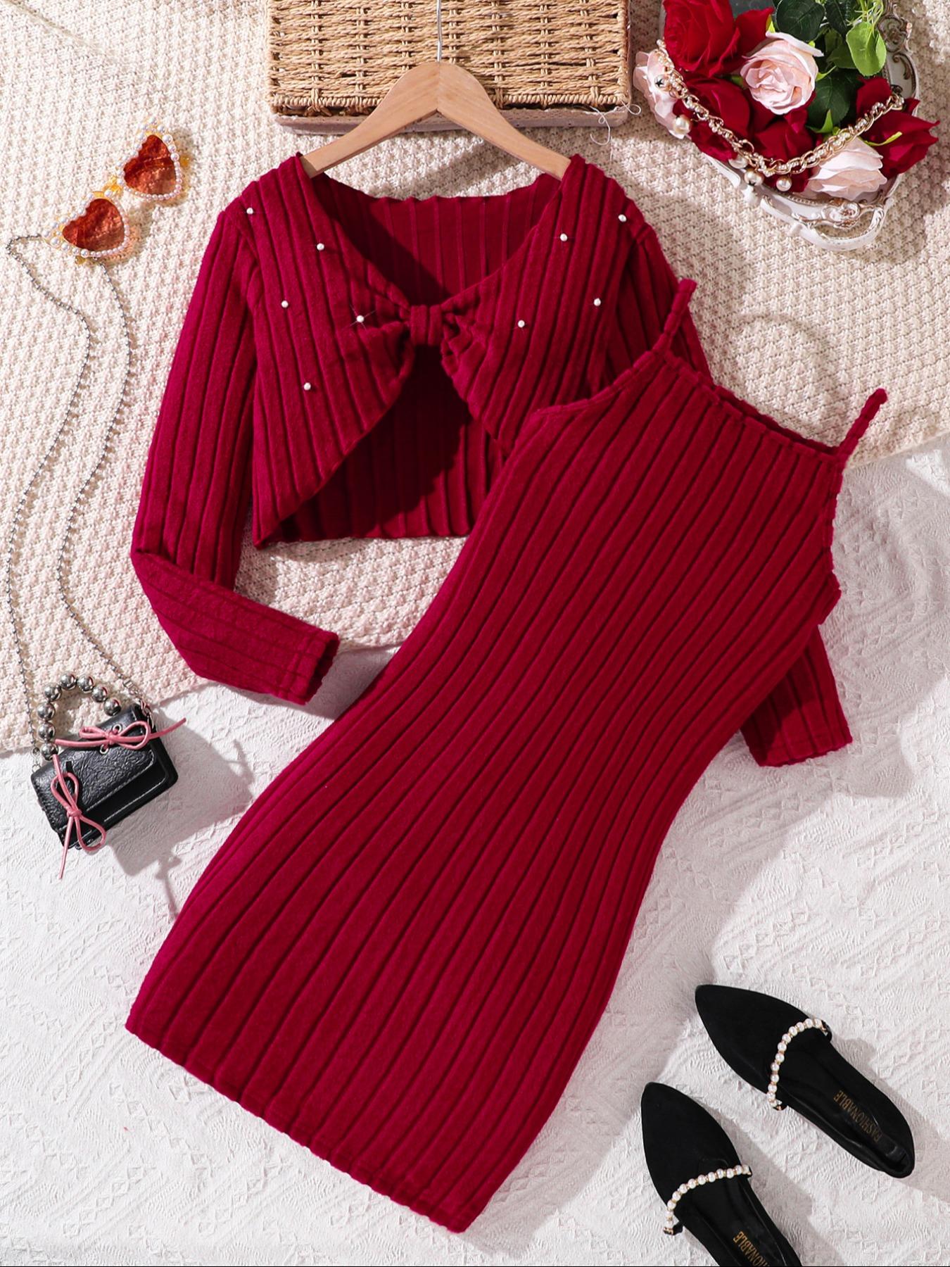 Christmas Girl Pearl Embellished Knit Bow Design Long Sleeve Short Top with Slim Fit Dress Fashion Comfort Set
