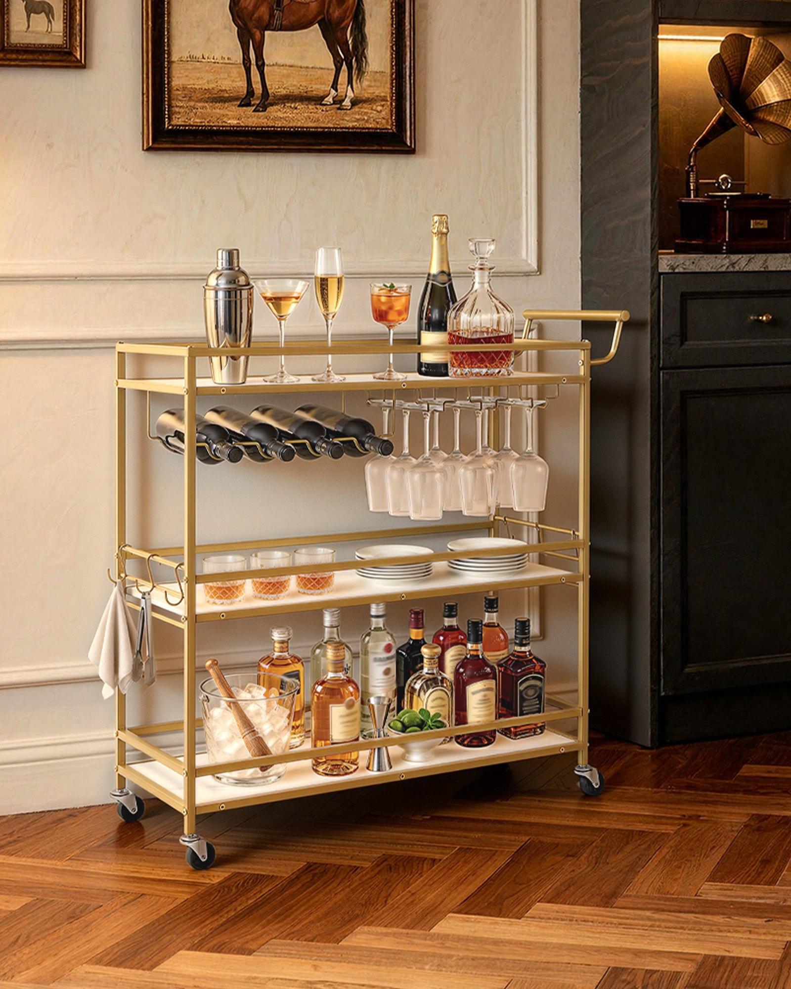 VEVOR Bar Cart Organiser, 3-Tier Modern Rolling Utility Station with Locking Wheels, Engineered Wood Shelf, Wine Rack, Glass Holder, for Bar Service & Outdoor Events, 35.83x12.99x36.81in Gold VEVOR Bar Cart Organiser, 3-Tier Modern Rolling Utility Station with Locking Wheels, Engineered Wood Shelf, Wine Rack, Glass Holder, for Bar Service & Outdoor Events, 35.83x12.99x36.81in Gold