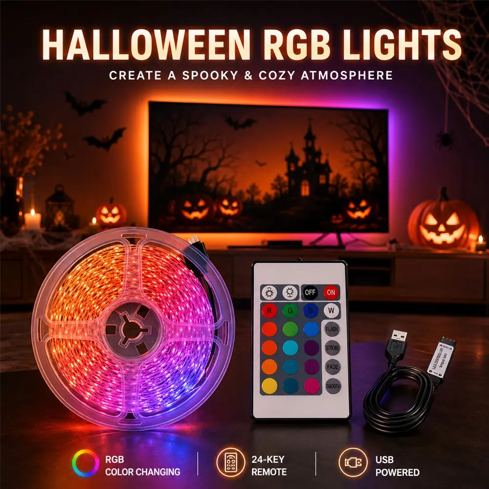 24 Key Remote Control RGB Light Strip, Color Changing LED Strip, USB Powered, Self-Adhesive, Halloween Party Decor, Bedroom, TV Backlight, Home Decoration