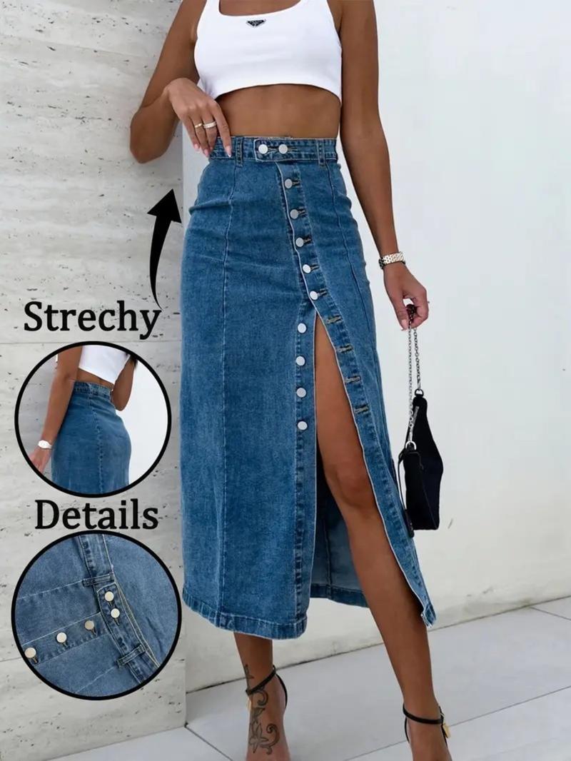 Elastic Washed Casual Button Fly Denim Midi Skirt for Women, All Seasons Wearable, Perfect for Dating and Daily