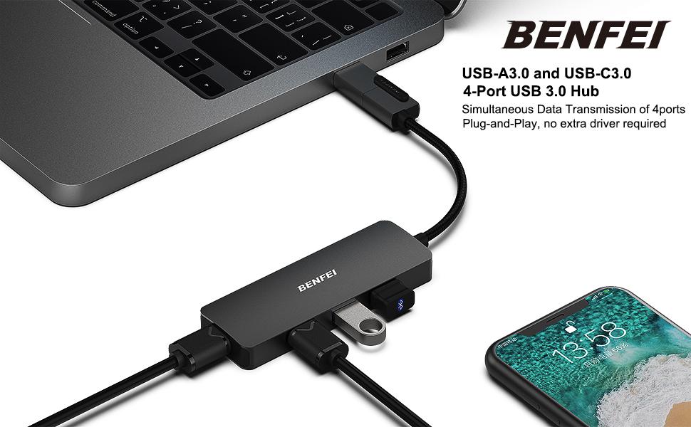 BENFEI USB 3.0 Hub, USB-C HUB, 2-in-1 USB Type-A/Type-C Hub with 4 USB 3.0 Ports Compatible for MacBook, Mac Pro, Mac Mini, iMac, Surface Pro, XPS, PC, Flash Drive, Mobile HDD BENFEI USB 3.0 Hub, USB-C HUB, 2-in-1 USB Type-A/Type-C Hub with 4 USB 3.0 Ports Compatible for MacBook, Mac Pro, Mac Mini, iMac, Surface Pro, XPS, PC, Flash Drive, Mobile HDD