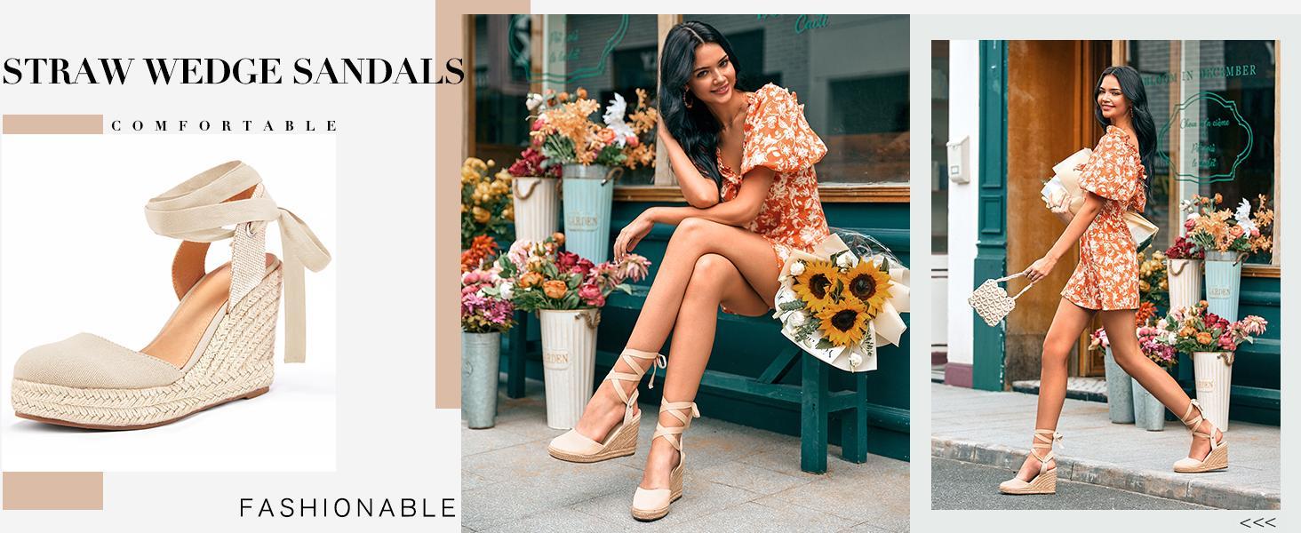 Coutgo Women's Espadrilles Wedge Sandals Platform Closed Toe Ankle Strap Lace Up Summer Shoes