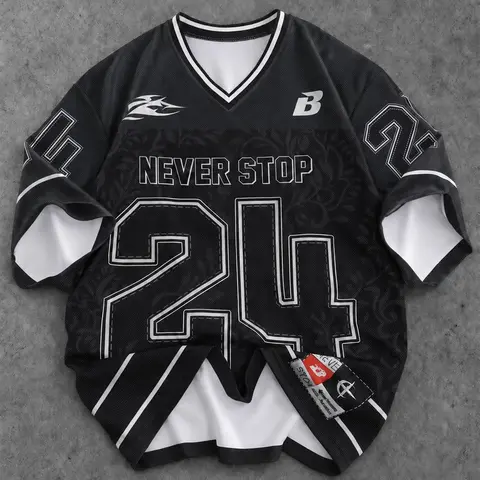 Oversized V-Neck Blockecore Football Jersey Soccer Jerseys for Men Women Stylish Jersey | Y2K Grunge Aesthetic Streetwear Mesh Short Sleeve Shirt | Retro Number 24 Graphic Print Loose Top for Casual Daily Outfit