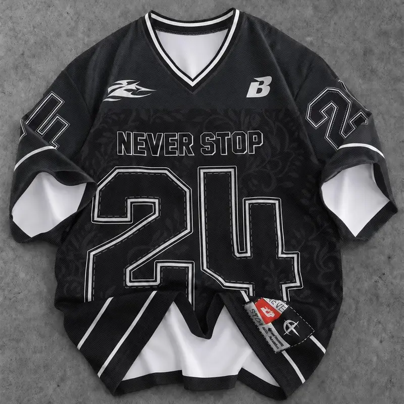 Oversized V-Neck Blockecore Football Jersey Soccer Jerseys for Men Women Stylish Jersey | Y2K Grunge Aesthetic Streetwear Mesh Short Sleeve Shirt | Retro Number 24 Graphic Print Loose Top for Casual Daily Outfit