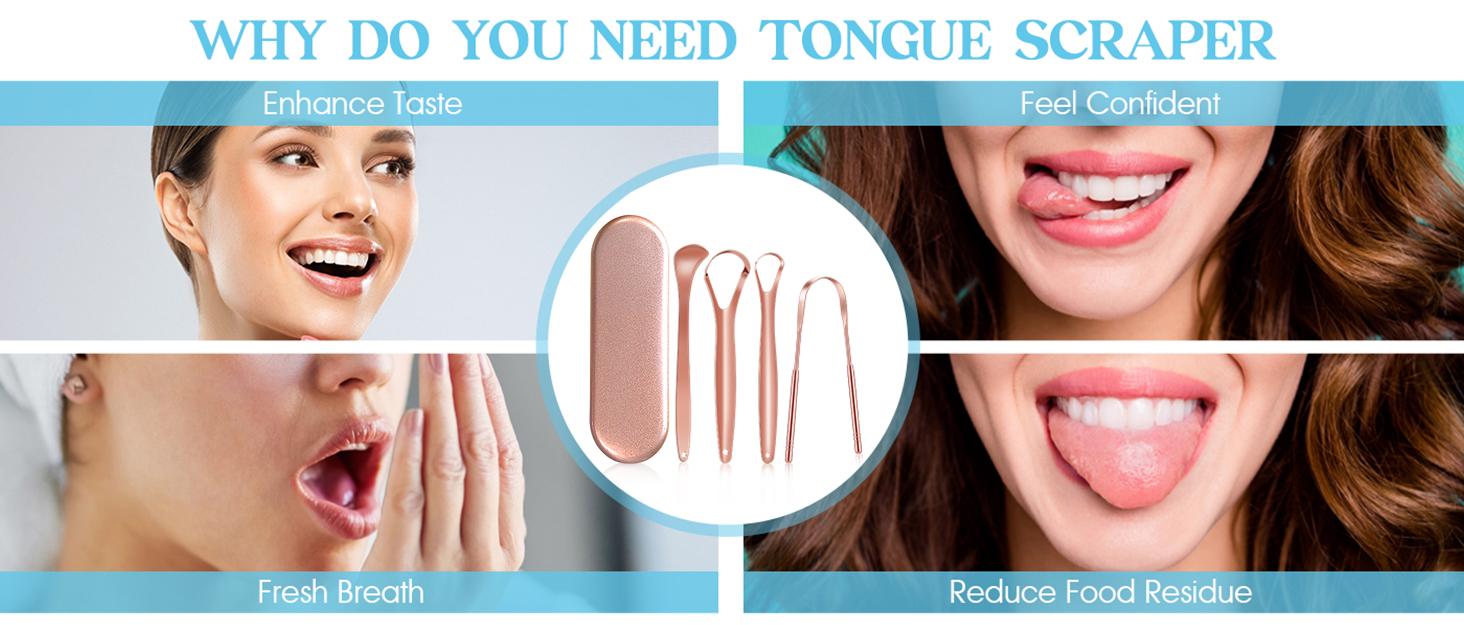 4-Pack Tongue Scraper for Adults and Kids, 100% Stainless Steel Tongue Scraper with Travel Case, 4 Shapes, Perfect for Bad Breath & Oral Hygiene, Easy to Use and Carry, Rose Gold