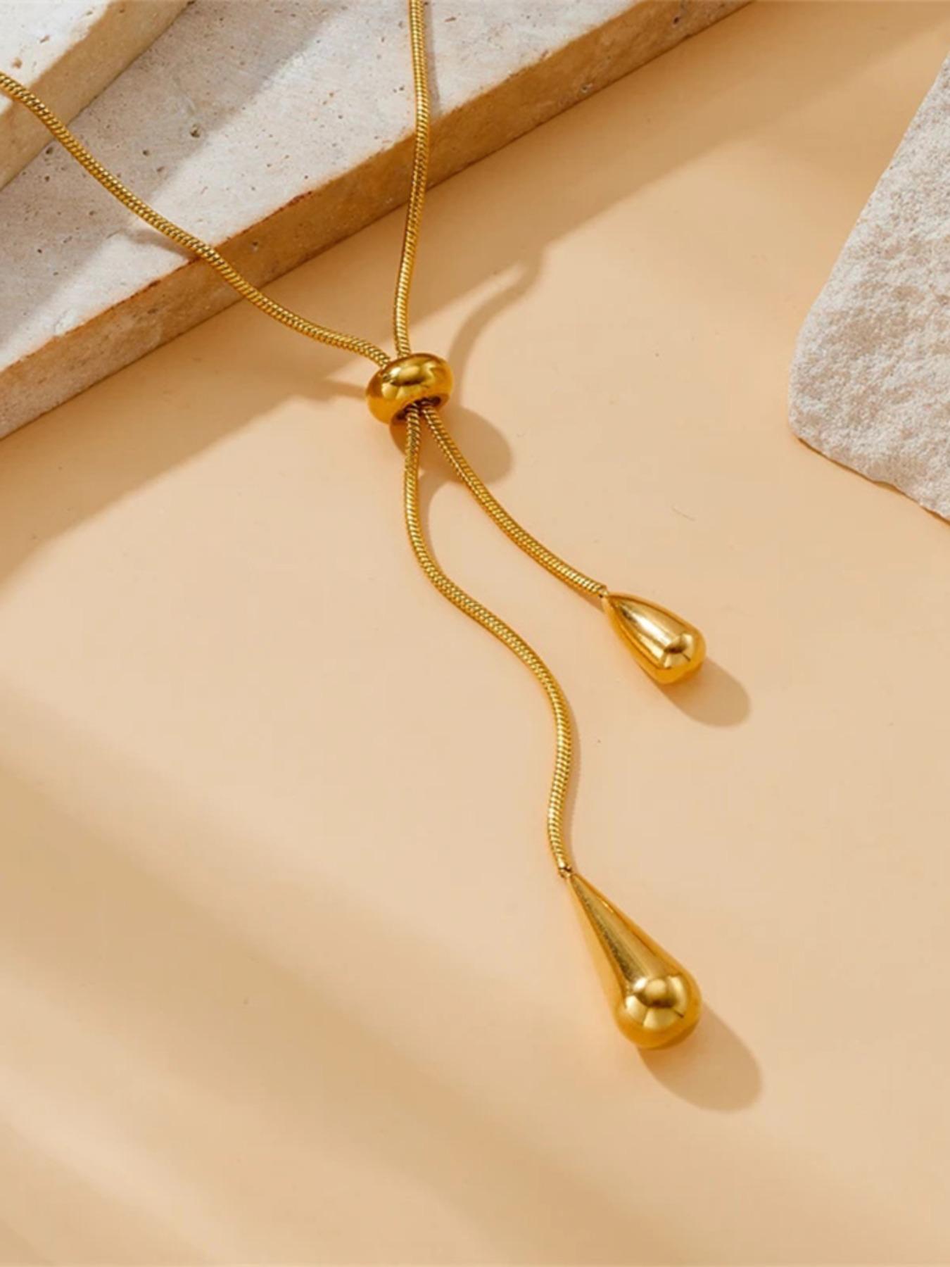 2Pcs 316L Stainless Steel Adjustable Water Droplet Tassels Necklace Earrings Women New Golden Fashion Jewelry Set Party Gifts