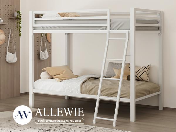 Allewie Twin Over Twin Metal Bunk Bed - 【Frame Only No Mattress】Angled Ladder & Heavy-Duty Guardrail for Kids/Adults, Space-Saving Noise-Free Design, Black/White,#TikTokShopBlackFriday #Christmas Gifts Allewie Twin Over Twin Metal Bunk Bed - 【Frame Only No Mattress】Angled Ladder & Heavy-Duty Guardrail for Kids/Adults, Space-Saving Noise-Free Design, Black/White,#TikTokShopBlackFriday #Christmas Gifts