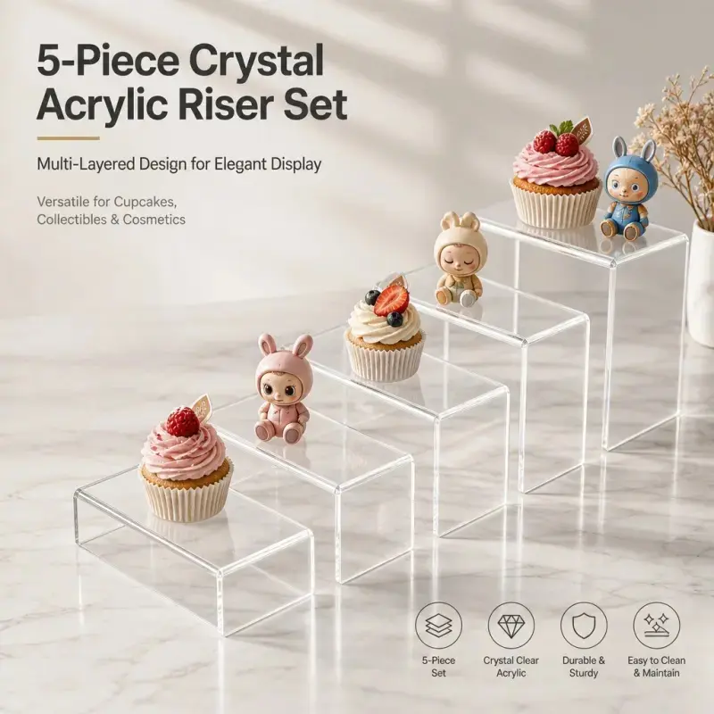 5-Piece Crystal Clear Acrylic Riser Display Stand Set - Multi-Layered Step Shelves for Cupcakes, Collectibles, Cosmetics & Retail Display, Durable & Easy to Clean, Acrylic Display Risers
