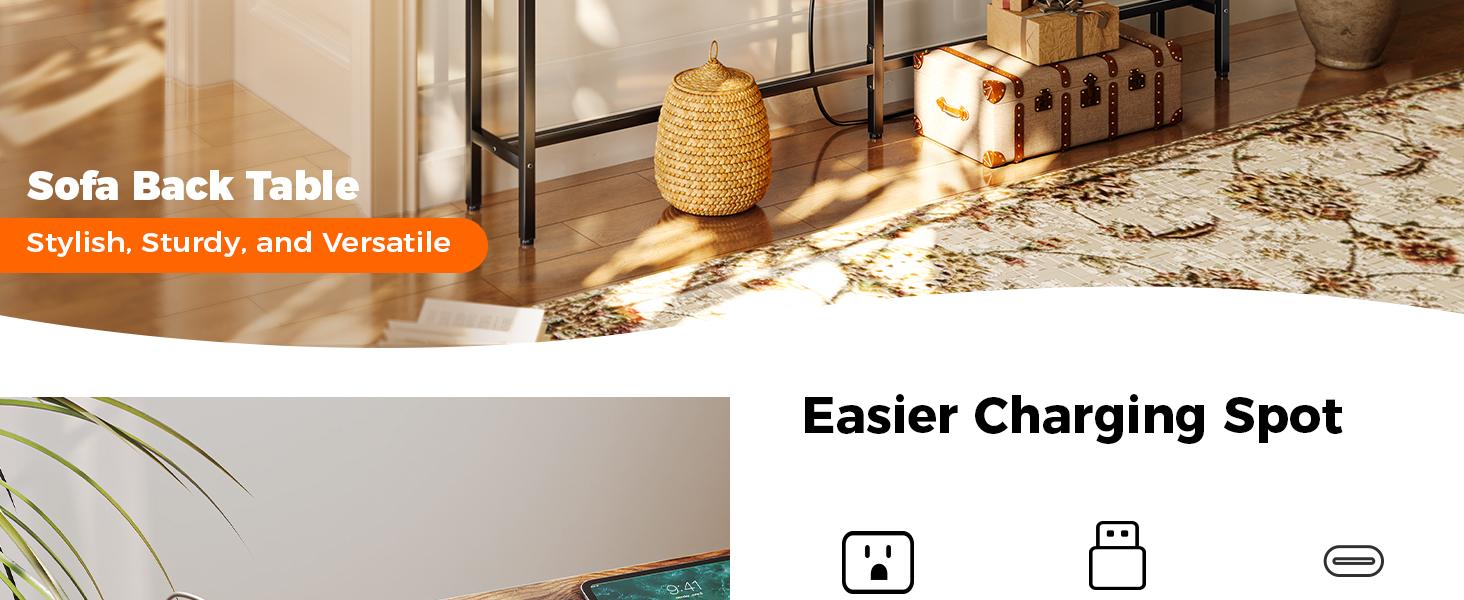 SUPERJARE 70 Inch Console Table with Outlet, Sofa Table with Charging Station, Narrow Entryway Table, Skinny Hallway Table, Behind Couch Table, for Living Room