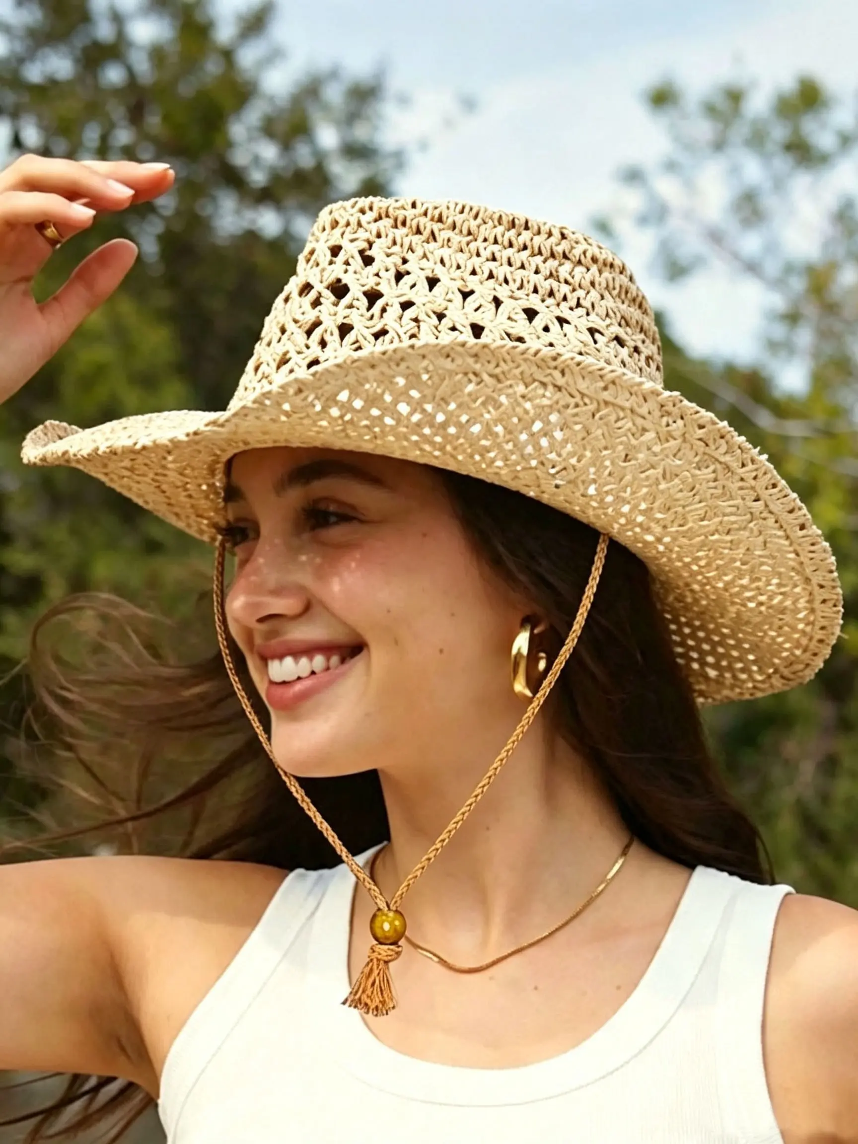 Summer Sun Protection Raffia Hat for Women, Boho Style Hollow Out Breathable Western Cowboy Straw Hat, Outdoor Beach
