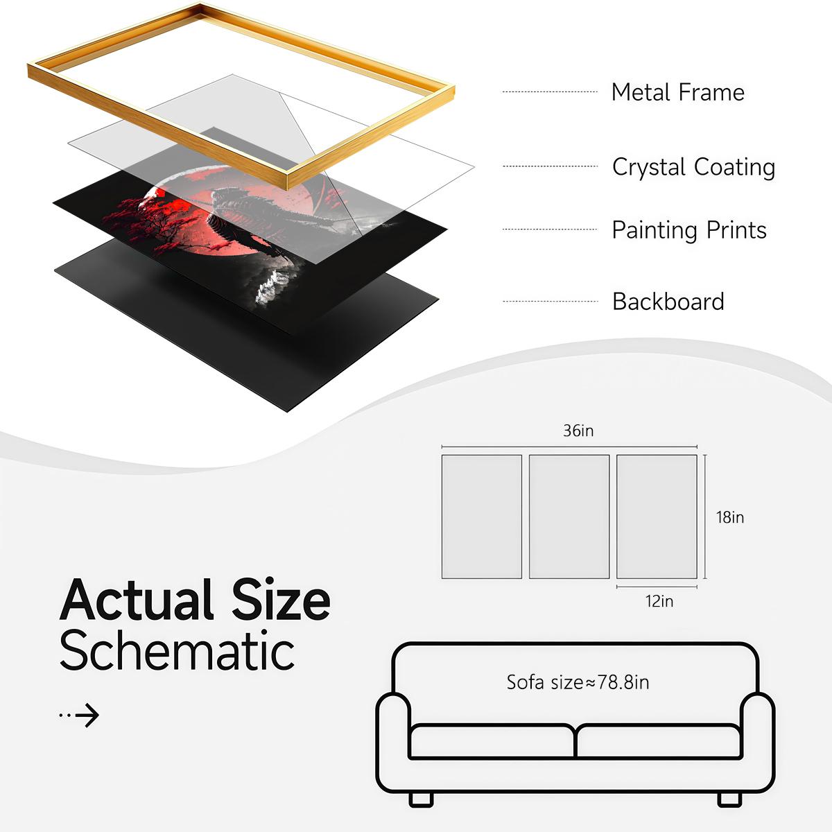 3 Counts Aluminum Alloy Framed Painting, Samurai Warriors Under Red Moon Artwork, Home Decoration For Living Room, Bedroom, Office, Restaurant, Hallway Wall Decor, Odorless Print Artwork, Luxury Perfect Gift For Friends And Family