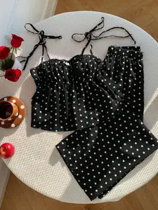 Fashion Polka Dot Halter Top Wide Leg Pants Set, Stylish Summer Beach, Casual Wear for Women, Trendy Two-Piece Ensemble