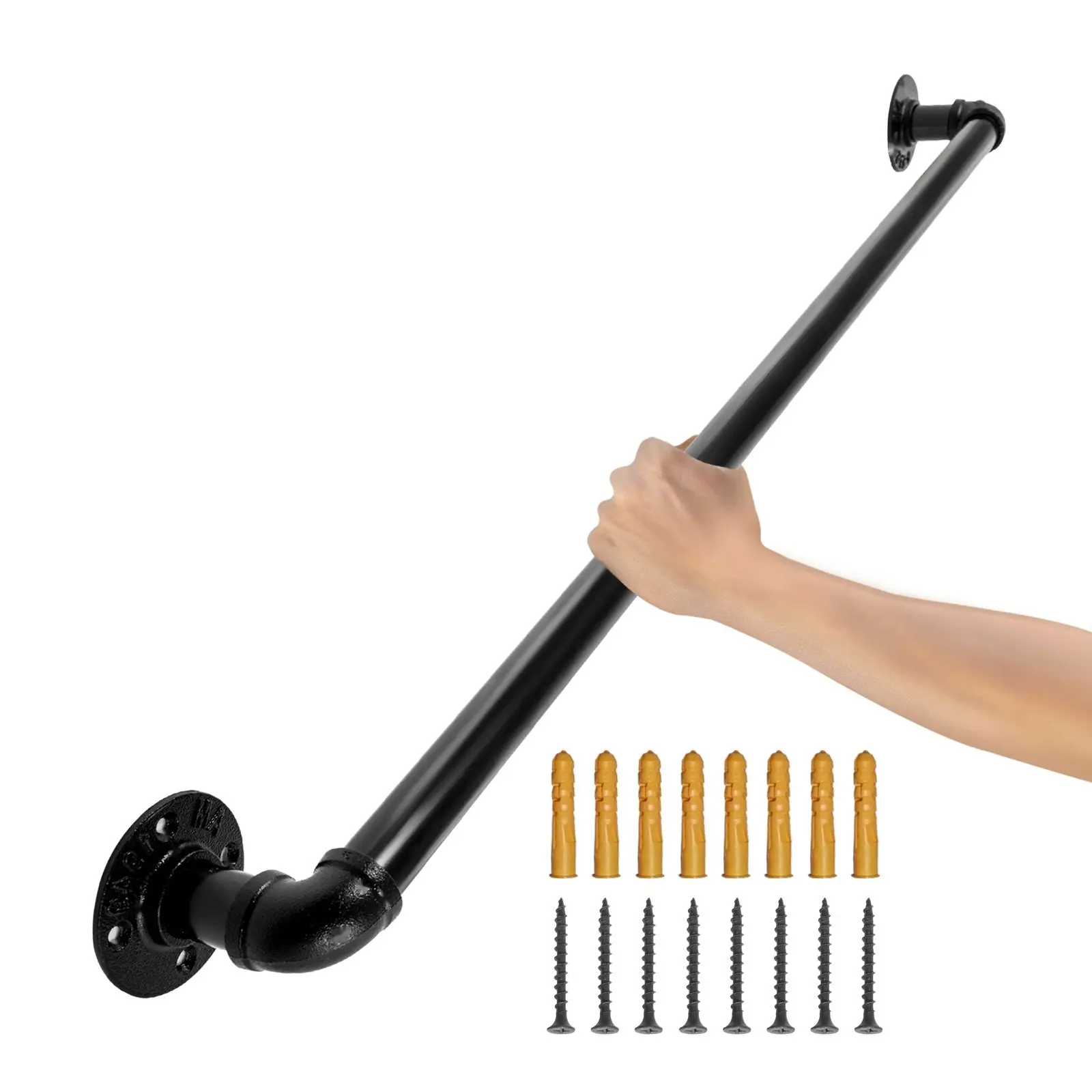 Industrial Pipe Stair Handrail, 3-Foot Length, 440 LBS Load Capacity, Carbon Steel Pipe Handrail With Wall Mount Brackets, Round Corner Wall Rail For Indoor And Outdoor Use, Heavy-Duty Stair Safety Handrail System