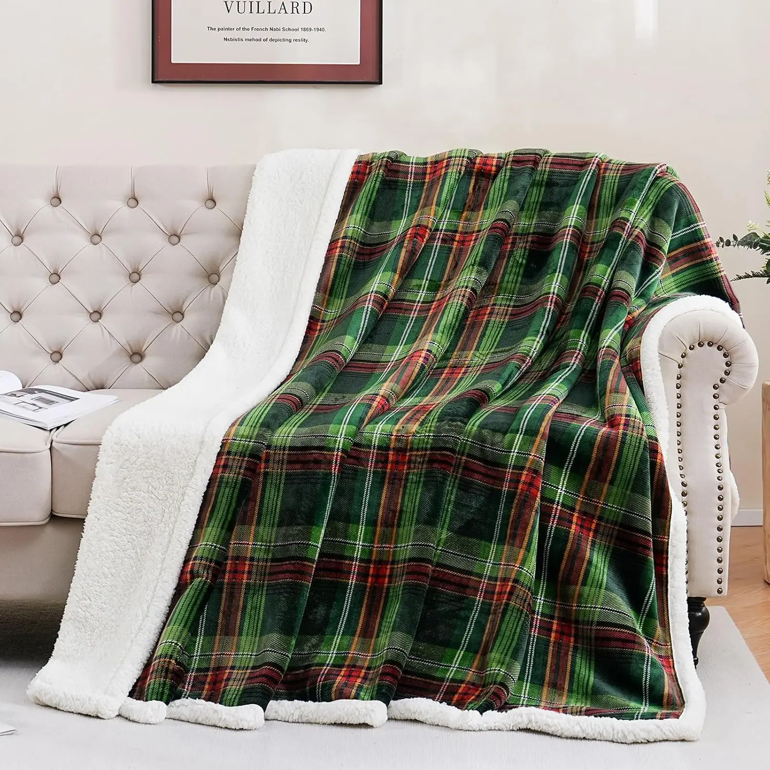 Fleece Throw Blanket 60" x 80" Reversible Plush Large Big Blanket Lattice Flannel for All Season Use, Chrismas Green