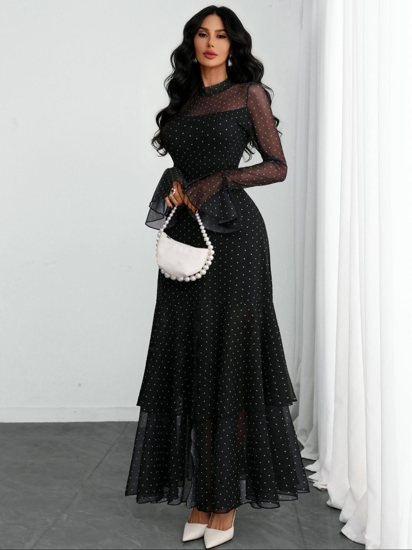 Women's Romantic Polka Dot Split Mesh Patchwork Layered Elegant Flared Skirt Dress, Fitted Style, All Seasons, No Waistband Included