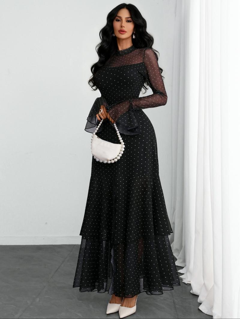 Women's Romantic Polka Dot Split Mesh Patchwork Layered Elegant Flared Skirt Dress, Fitted Style, All Seasons, No Waistband Included
