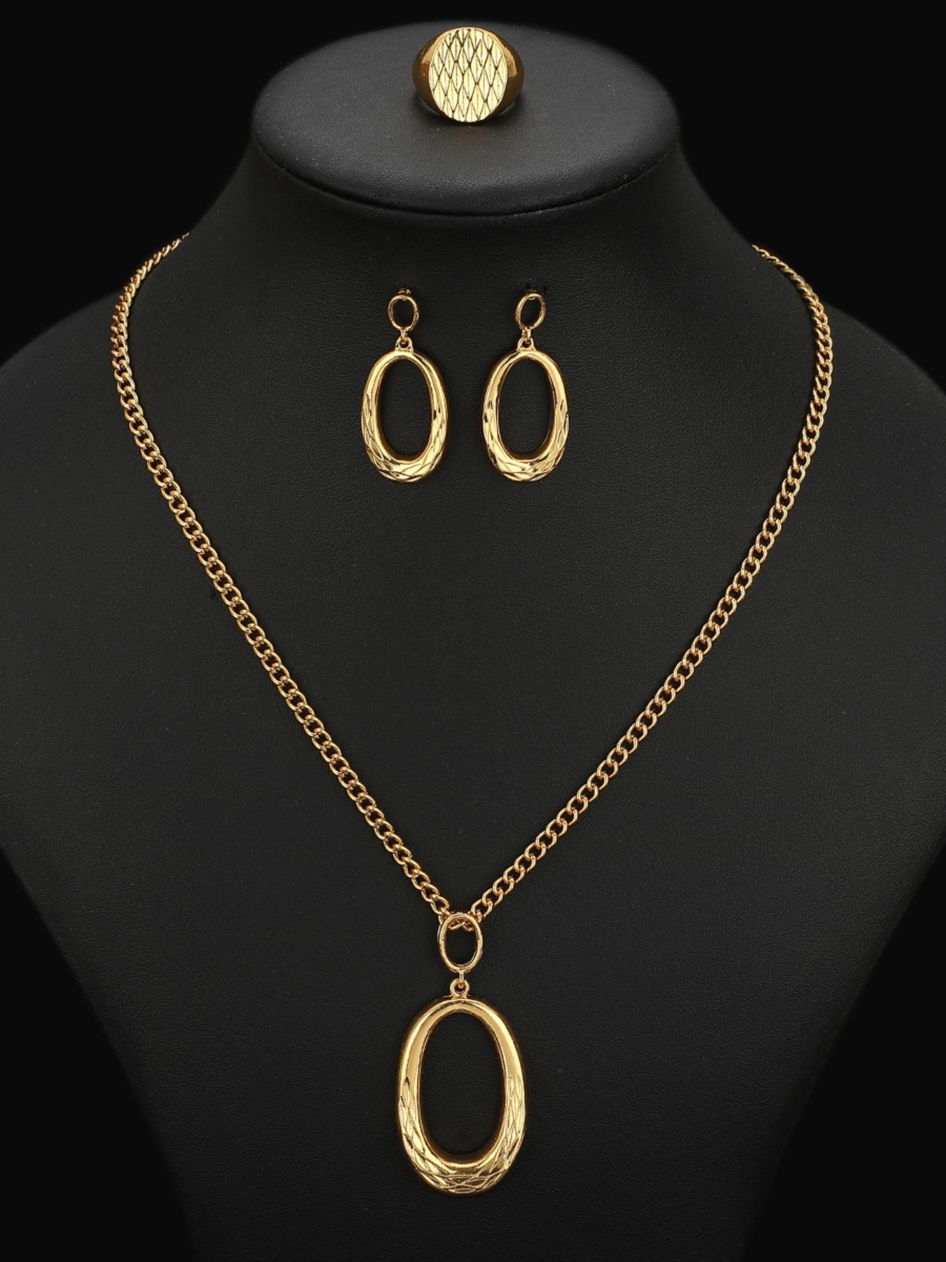 4 Piece Set Vintage Oval Geometric Jewelry, Necklace Earrings Ring, Elegant Party Wedding Accessories, All Seasons