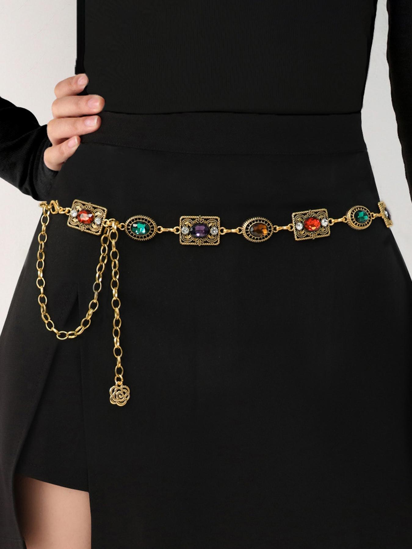 Vintage Metal Floral Waist Chain for Women, Rhinestone Decorated Belt Chain, Fashion Accessory for Dresses, Versatile Waist Chain
