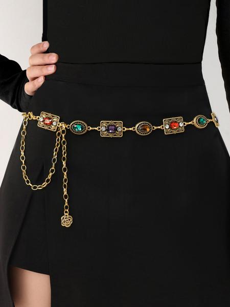 Vintage Metal Floral Waist Chain for Women, Rhinestone Chain Belt, Rhinestone Decorated Belt, Fashion Accessory for Dresses, Autumn Winter Versatile Waist Strap