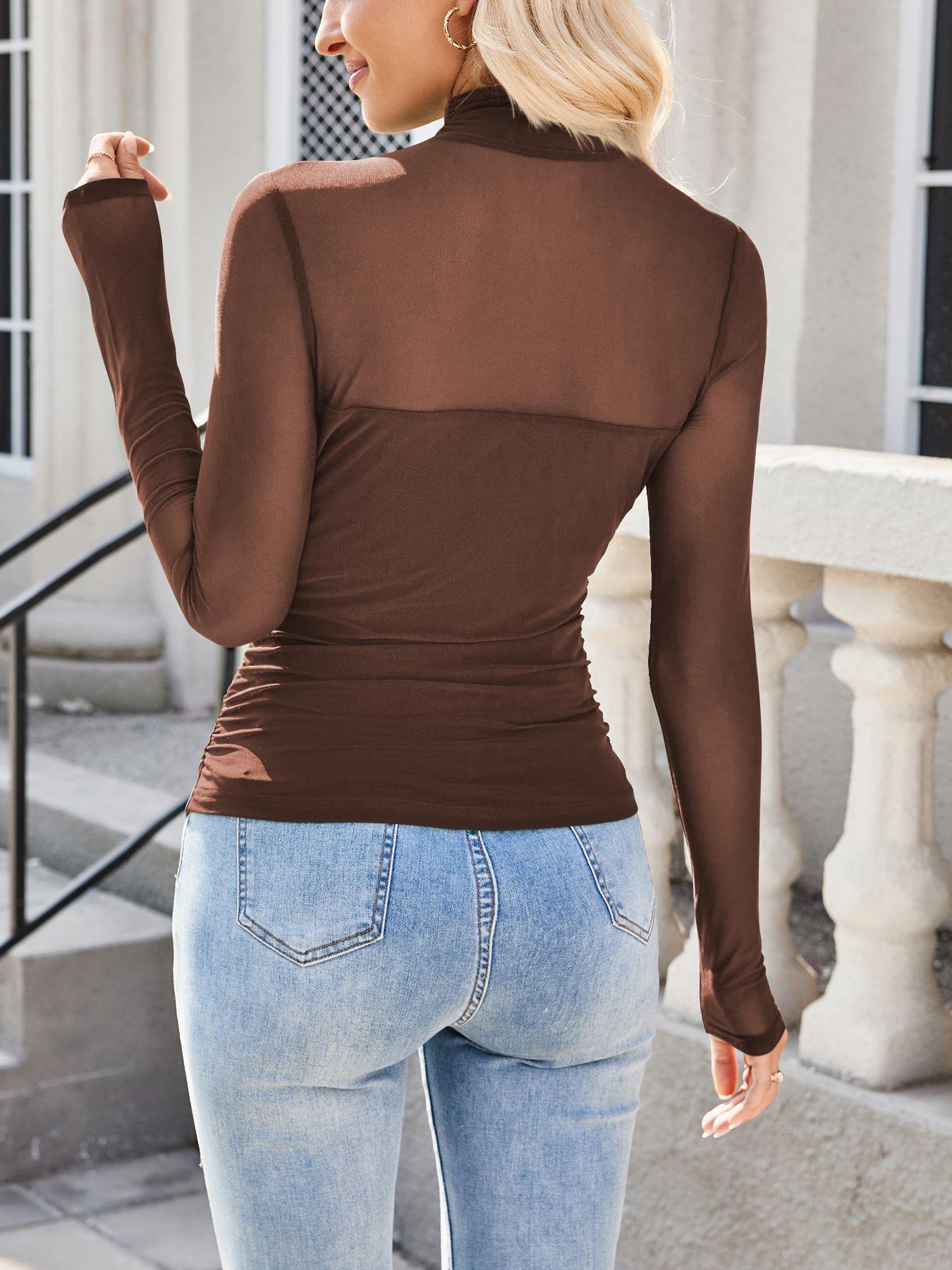 Women's Mesh Sheer Long Sleeve Ruched Top, Sexy Fitted High Neck, Fashion Chic Versatile Base layer