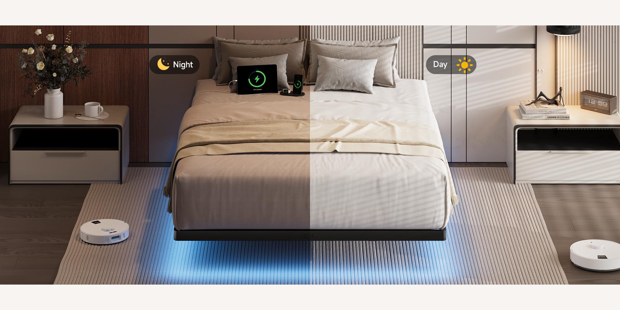 【SPOTLIGHT DAY】ONBRILL Floating Bed Frame with LED Lights Metal Slats Underbed Storage Space No Box Spring, Bedroom Furniture 【SPOTLIGHT DAY】ONBRILL Floating Bed Frame with LED Lights Metal Slats Underbed Storage Space No Box Spring, Bedroom Furniture