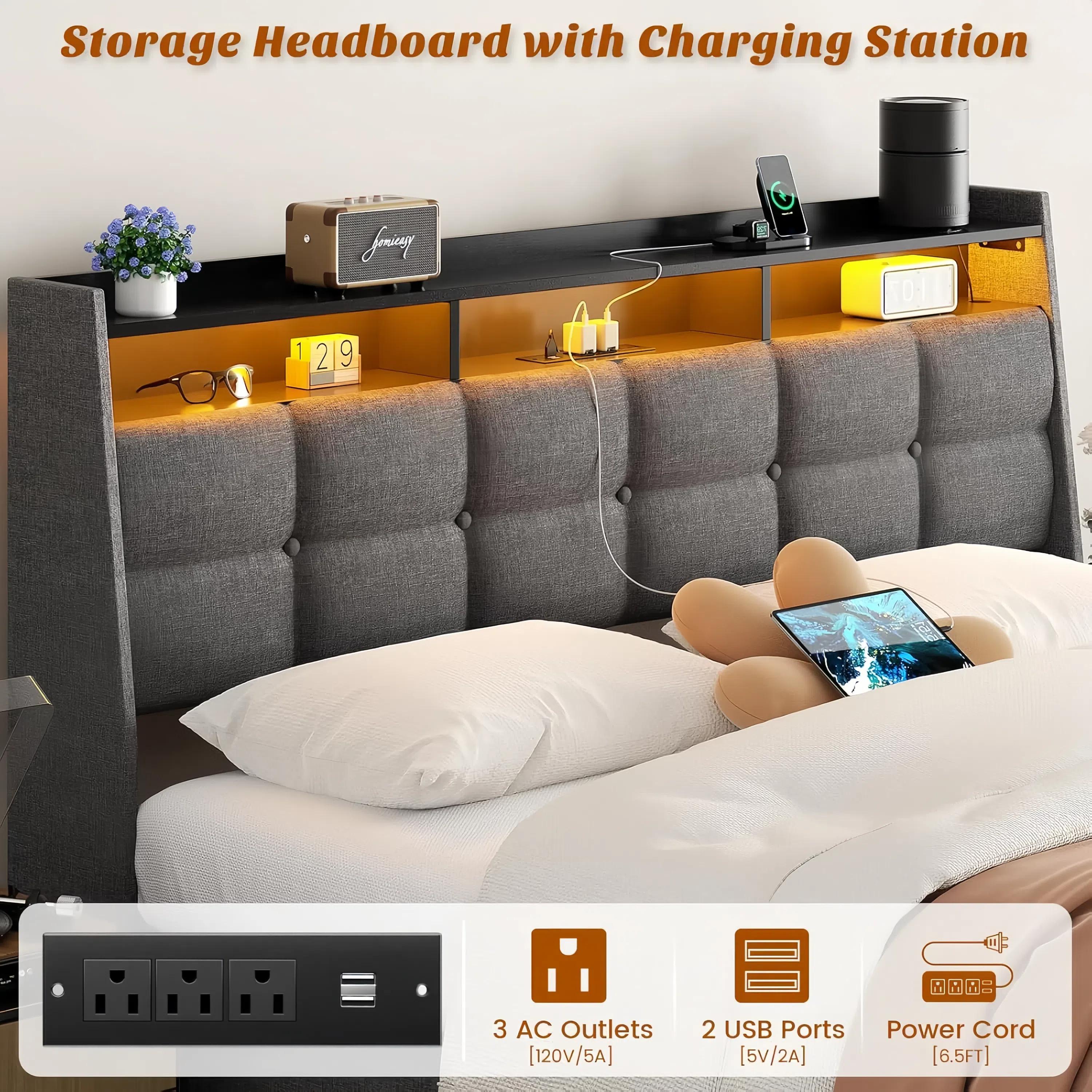 Bed Frame with 4 Storage Drawers, LED Lights, Upholstered Leather Headboard, Strong Wooden Slats, Adjustable Headboard with Smart Control  LEDs