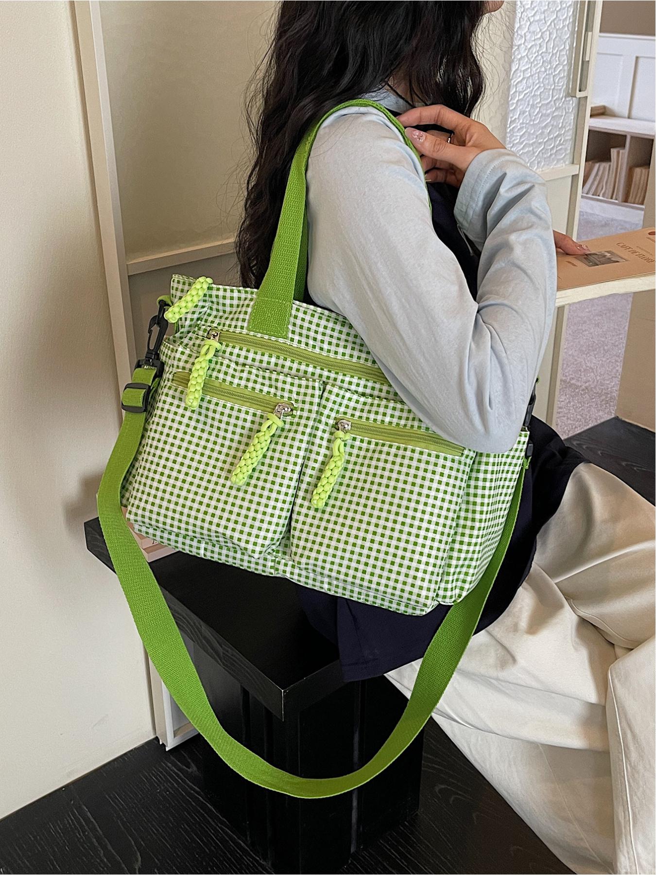 Large capacity plaid multi pocket tote bag, retro street style drawstring design, single shoulder bag, workwear style crossbody bag, adjustable shoulder strap, daily leisure, work, commuting, armpit bag