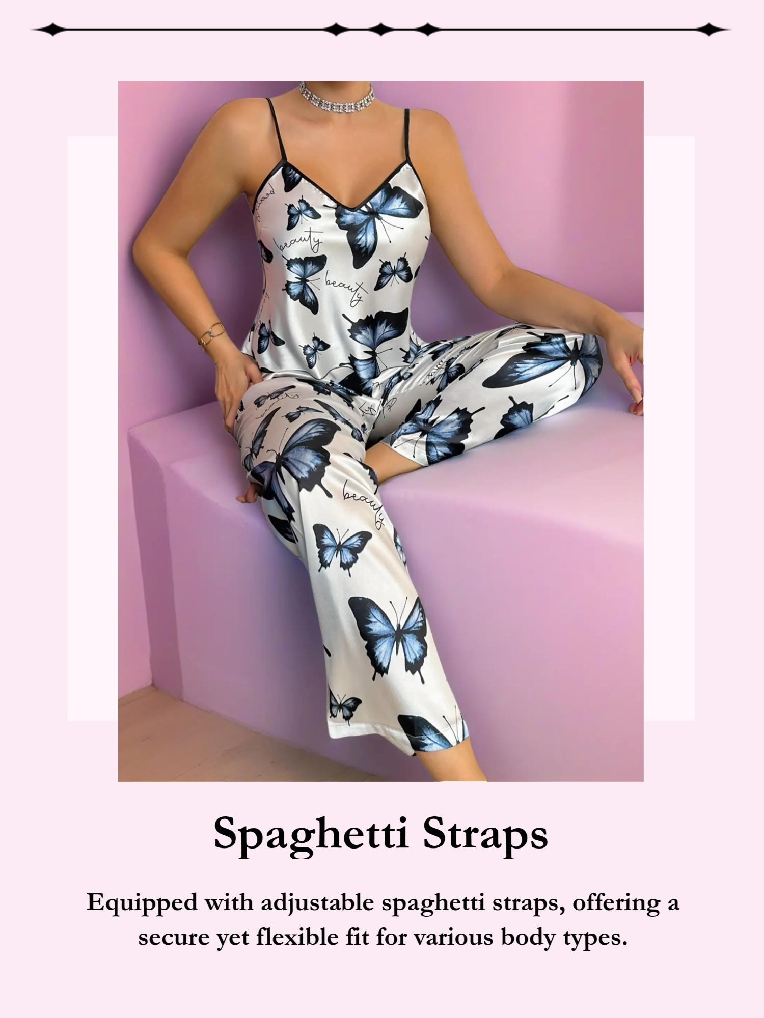 Women's Butterfly Print Strap Sleepwear Set, Comfortable Fashion Design, Perfect for Casual Wear, Ladies' Nightgown & Pajama Suit